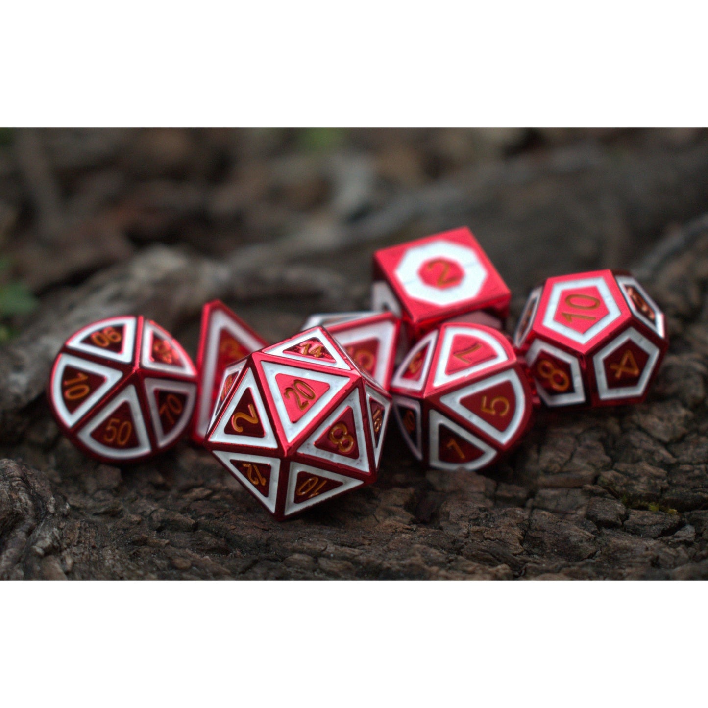 Cleric's Domain Red & White Metal Dice Set – 7-Piece Polyhedral RPG Dice