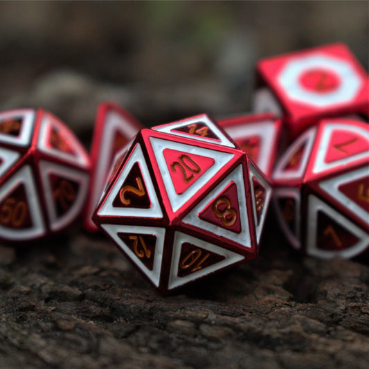 Cleric's Domain Red & White Metal Dice Set – 7-Piece Polyhedral RPG Dice