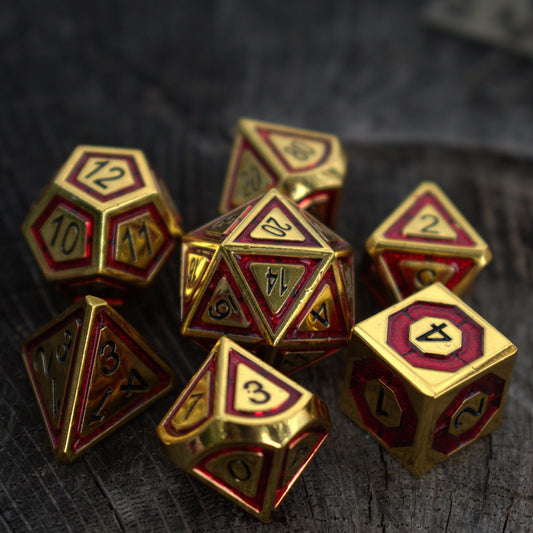 Cleric's Domain Red & Gold Metal Dice Set – 7-Piece Polyhedral RPG Dice
