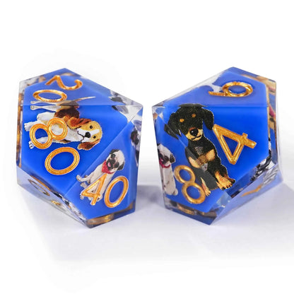 Colorful blue transparent resin cute dog pattern dice set + gold font