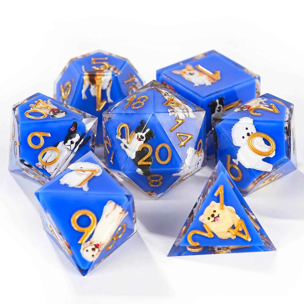 Colorful blue transparent resin cute dog pattern dice set + gold font