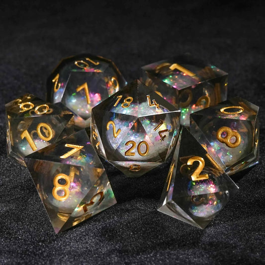Nebula Colorful Liquid Core Resin DND Dice Set — 7-Piece TTRPG Dice with Gold Numbers