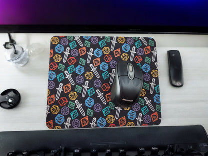 Colorful Polyhedral Dice & Sword Desk Set — Mousepad & Coaster