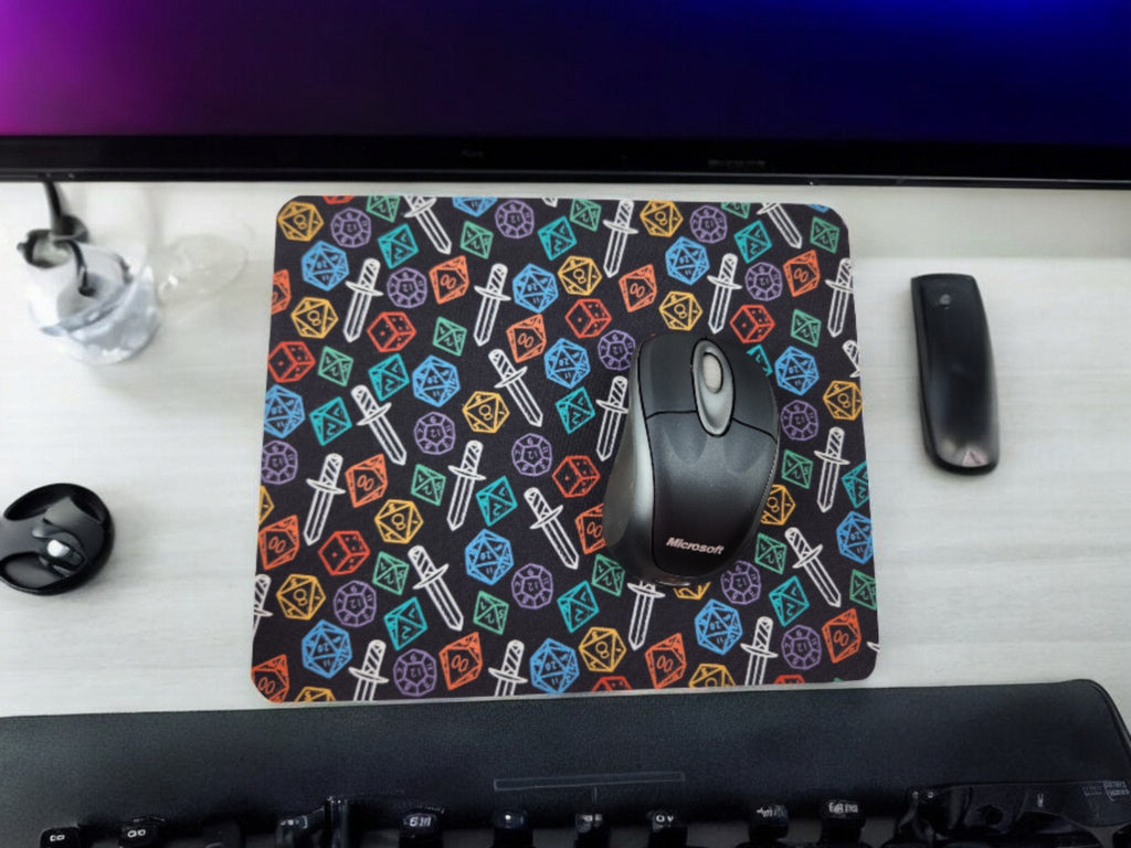 Colorful polyhedral dice and sword desk set, mouse pad, coaster