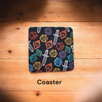 Colorful polyhedral dice and sword desk set, mouse pad, coaster