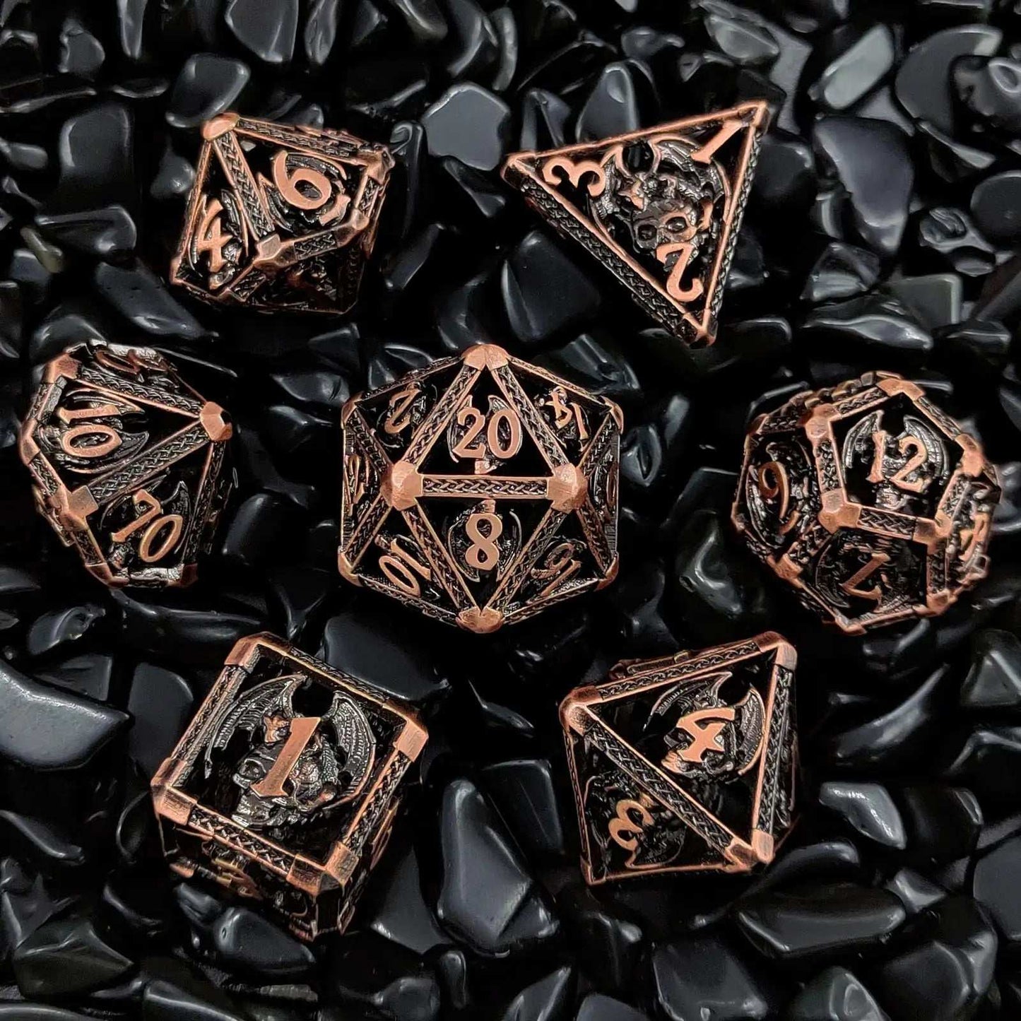 Cool Metal Skull Flying Dragon Hollow DND Dice Set