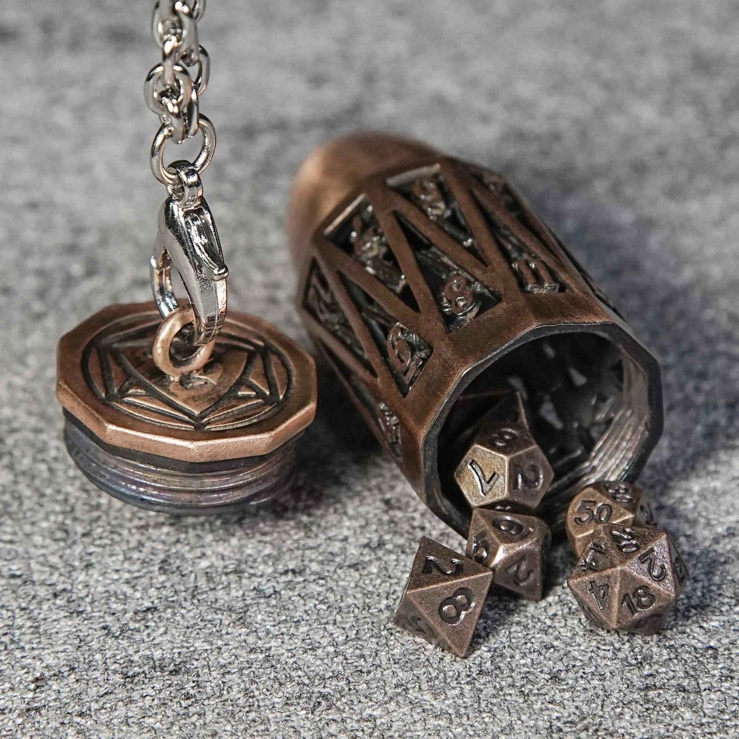 Copper Metal Bullet D20 Dice Cage with Mini DND Dice Set