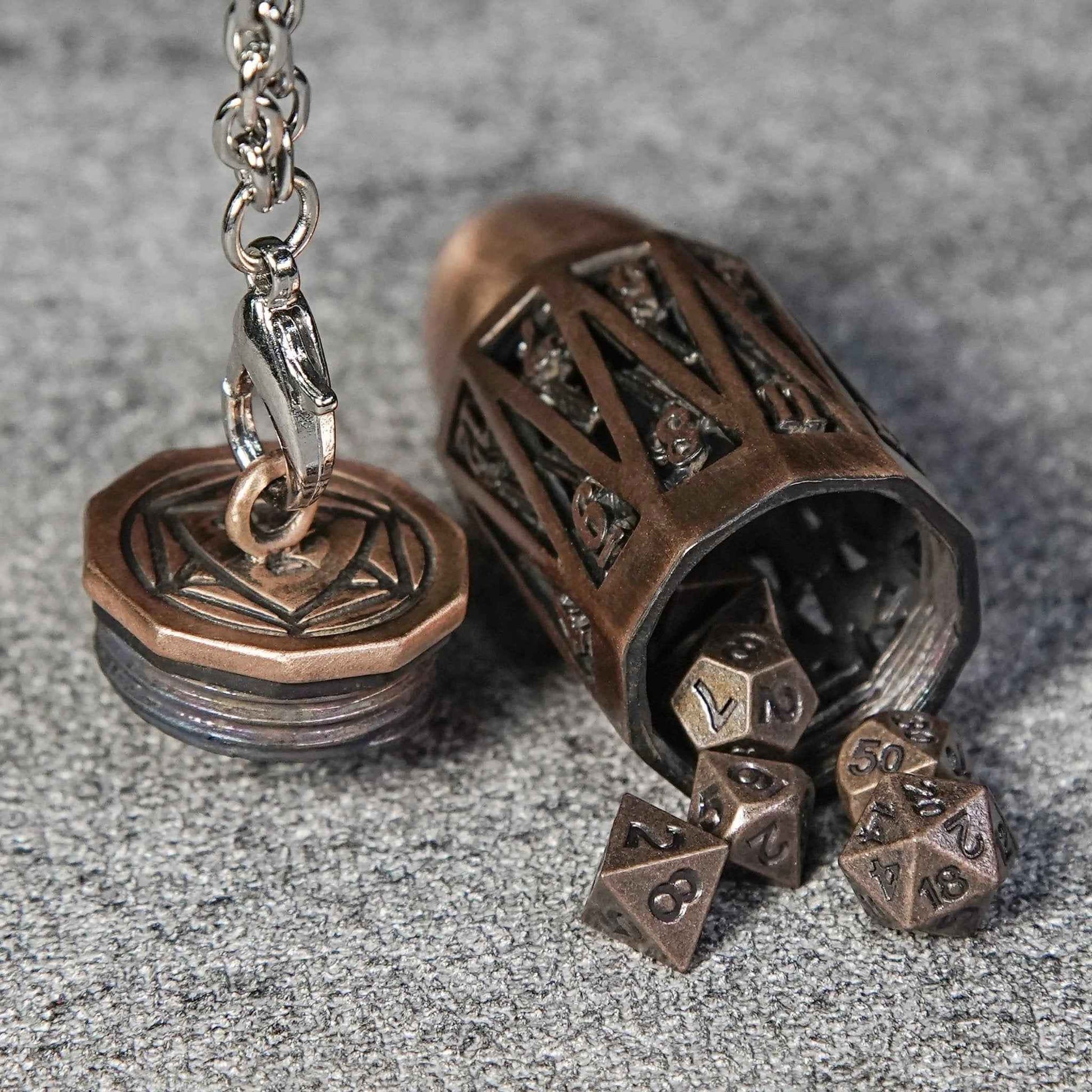 Copper Metal Bullet D20 Dice Cage with Mini DND Dice Set