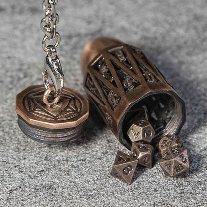 Copper Metal Bullet D20 Dice Cage with Mini DND Dice Set