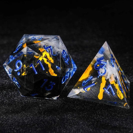 Creative Unique - Yellow Lava Resin DND Dice Set + Blue Numbers