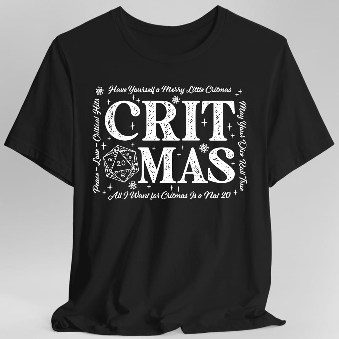 Critmas Word Art D20 T-Shirt – Funny D&D T-Shirt | Sunburst RPG