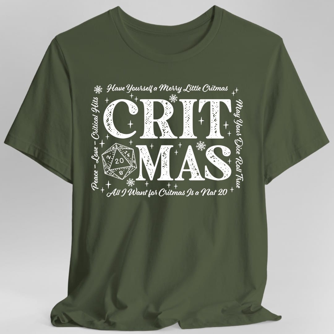 Critmas Word Art D20 T-Shirt – Funny D&D T-Shirt | Sunburst RPG