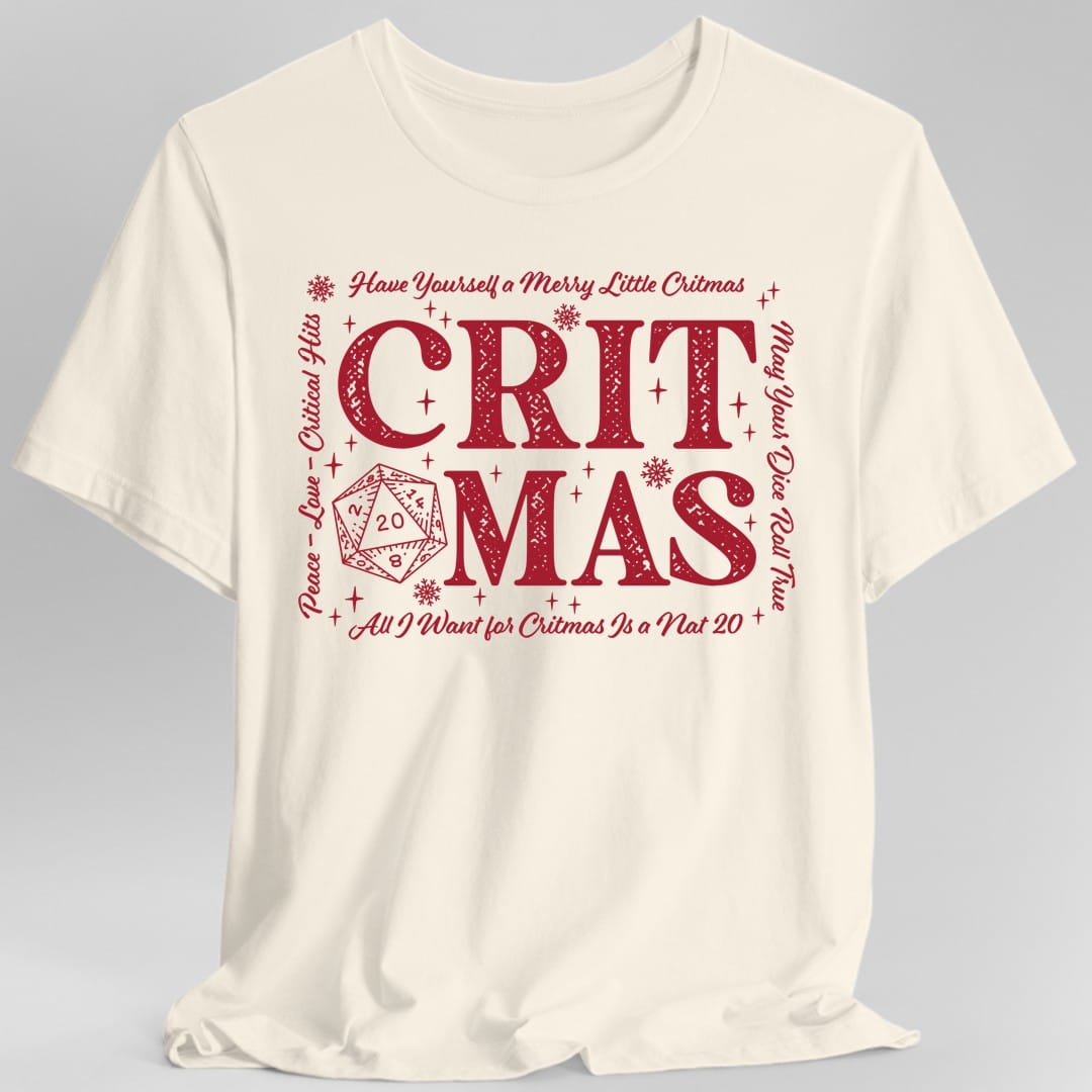 Critmas Word Art D20 T-Shirt – Funny D&D T-Shirt | Sunburst RPG