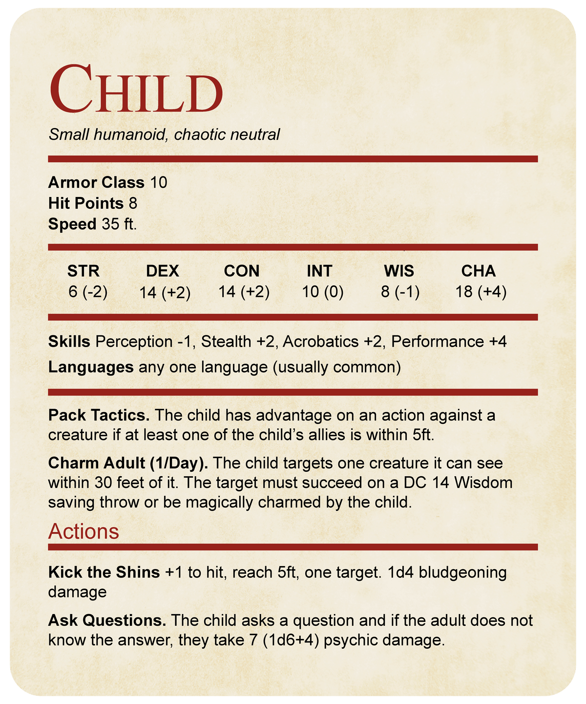 D&D Kids Shirt Child Stat Block