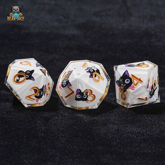 Big Eye Cat D10 Dice - White Resin with Gold Numbers