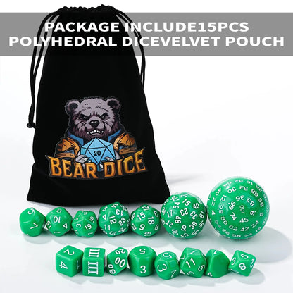 Roll D100 Dice Set - 15 Green Acrylic Polyhedron Dice