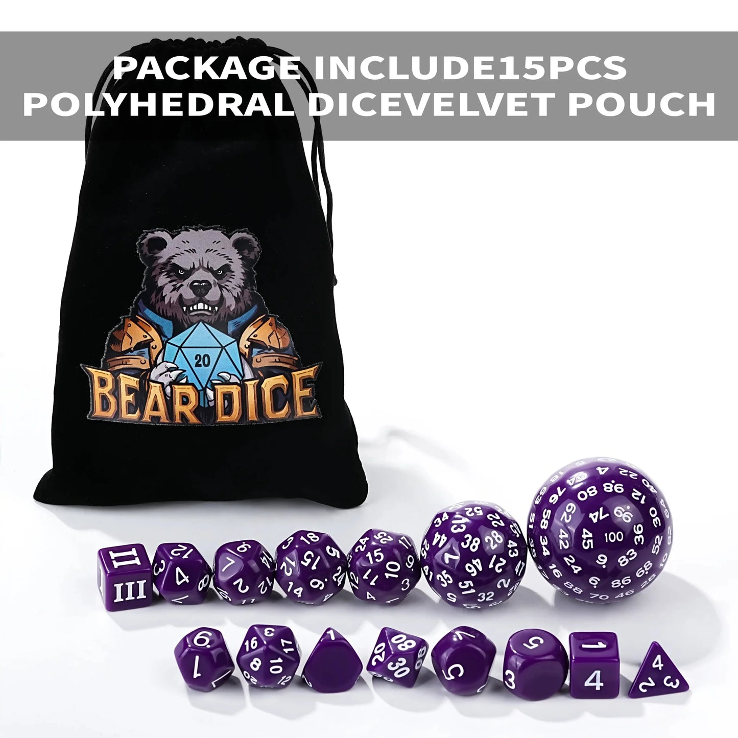 Roll D100 Dice Set – 15 Pieces Purple Acrylic Polyhedral Dice