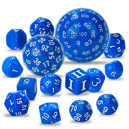 Roll D100 Dice Set - 15pcs Blue Acrylic Polyhedron Dice