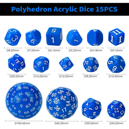 D100 Blue Acrylic Dice Set — 15-Piece Polyhedral RPG Dice (D3–D100)