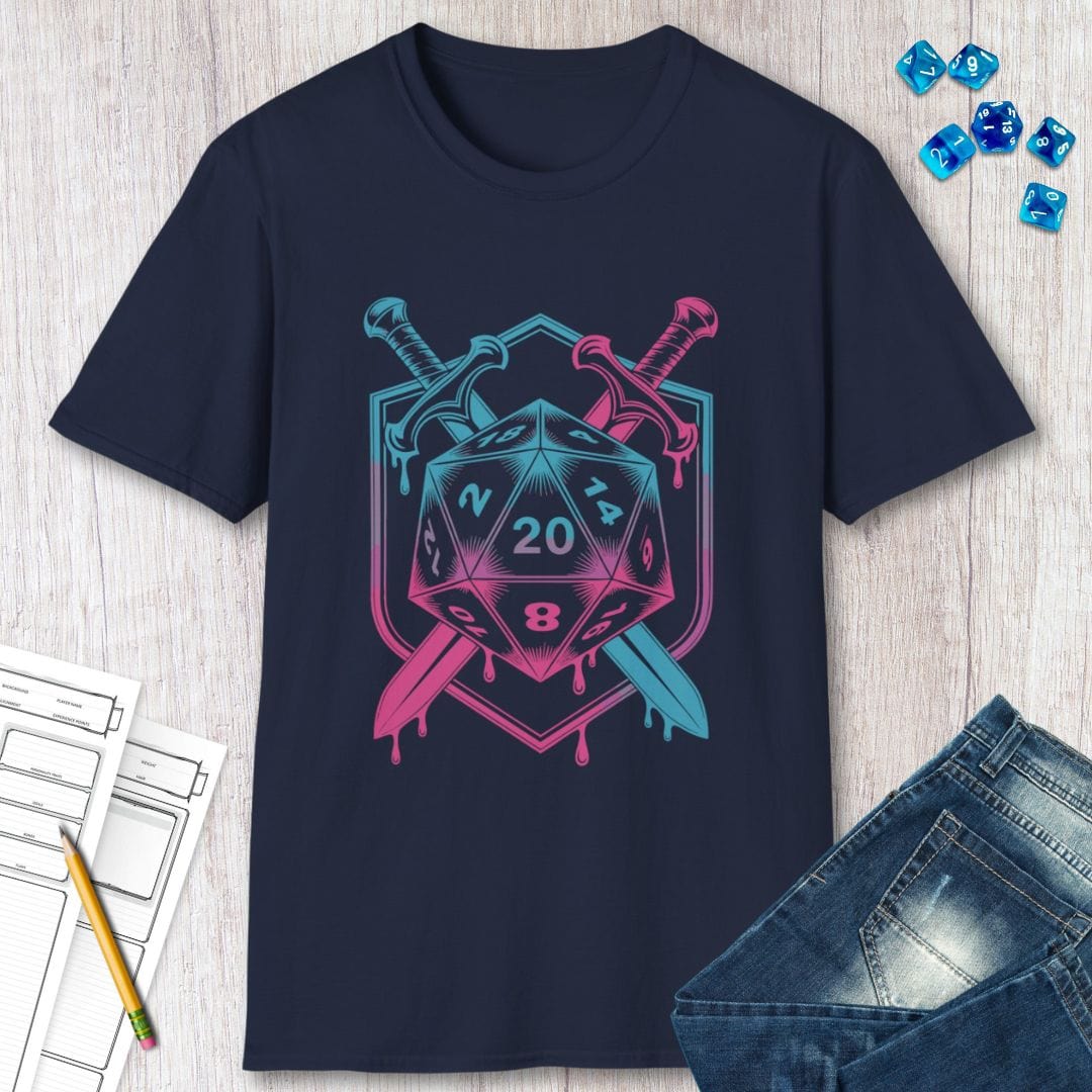 D20 Dice Sword Crest T-Shirt – Synthwave DnD Tee