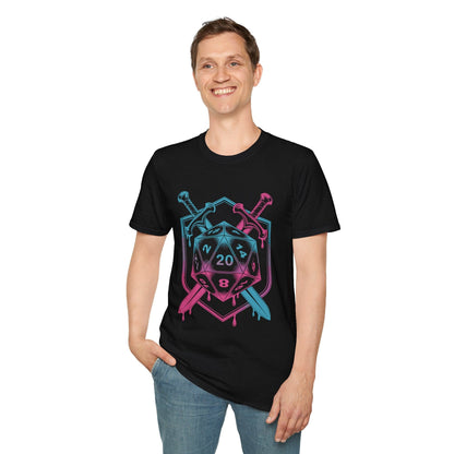 D20 Dice Sword Crest T-Shirt – Synthwave DnD Tee