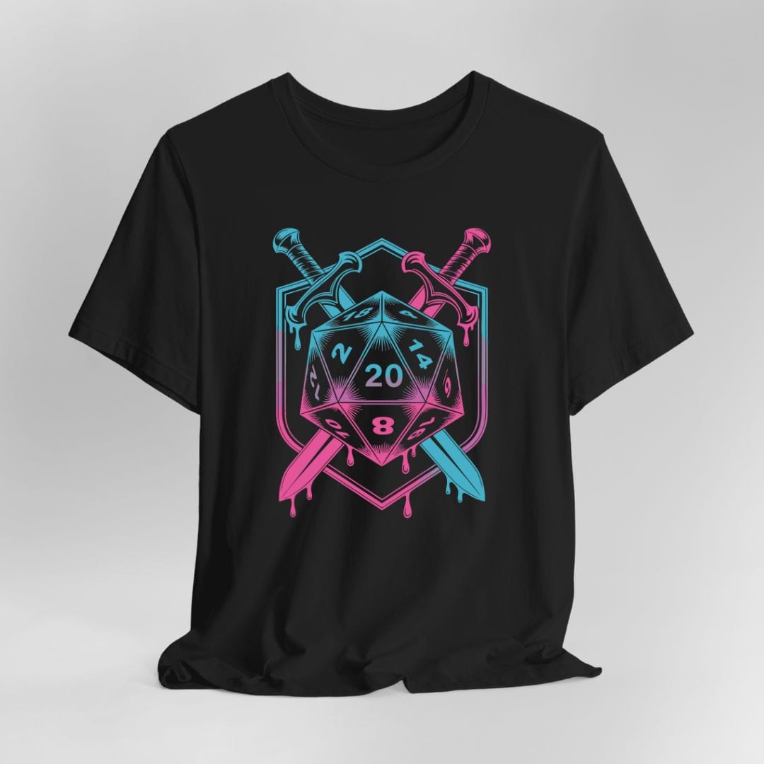D20 Dice Sword Crest T-Shirt – Synthwave DnD Tee