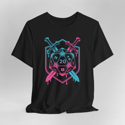 D20 Dice Sword Crest T-Shirt – Synthwave DnD Tee