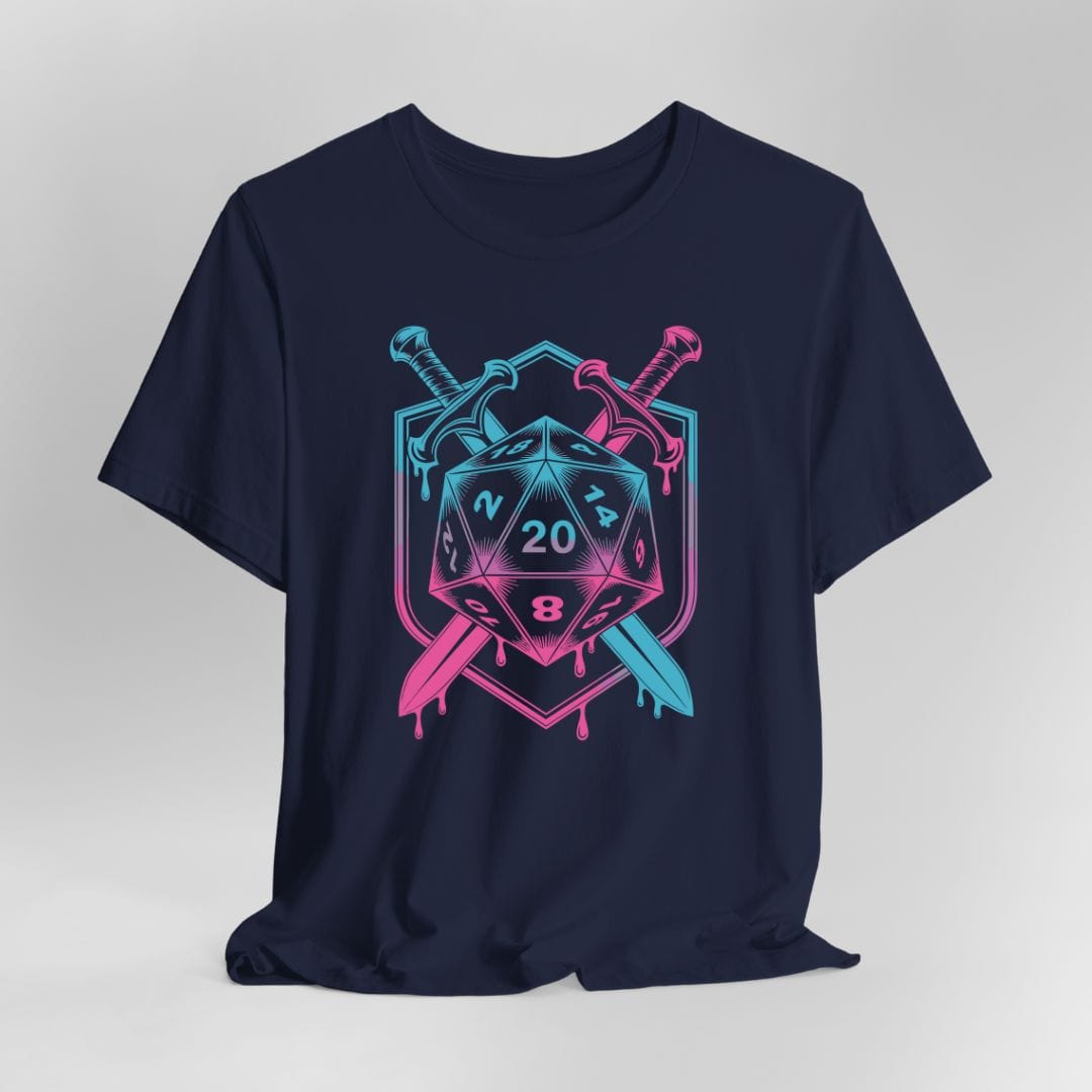 D20 Dice Sword Crest T-Shirt – Synthwave DnD Tee