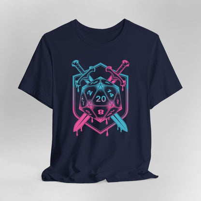 D20 Dice Sword Crest T-Shirt – Synthwave DnD Tee