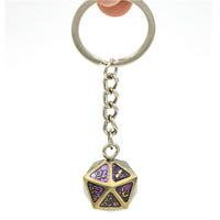 Metal D20 w/ Purple Glitter Keychain Analogue Font d20
