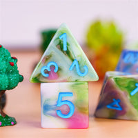 Earthly 4-Color 7-Dice Dnd Dice | Green White Green w/Blue Numbers Set