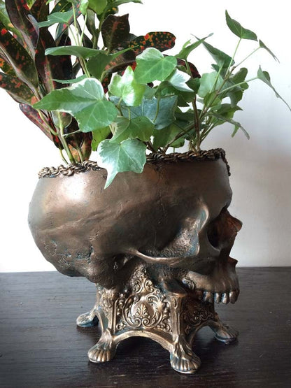 Human Skull Planter Bronze Finish, Hand Painted Resin Sculpture | Unique Gothic Home Decor | Spooky Art Gift and Gothic Home Decor