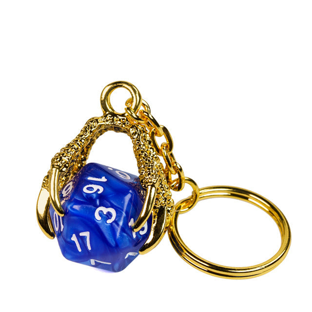 Claw Blue D20 Keychain Featuring Gold Metal Dragon Claw + d20