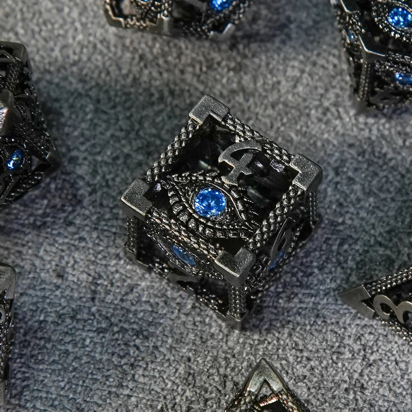 Dark Elves - Sapphire Dragon's Eye Skeleton Metal DND Dice Set
