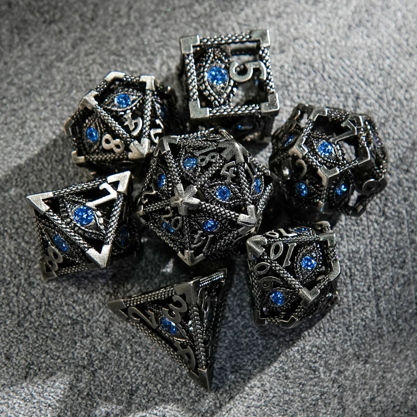 Dark Elves - Sapphire Dragon's Eye Skeleton Metal DND Dice Set