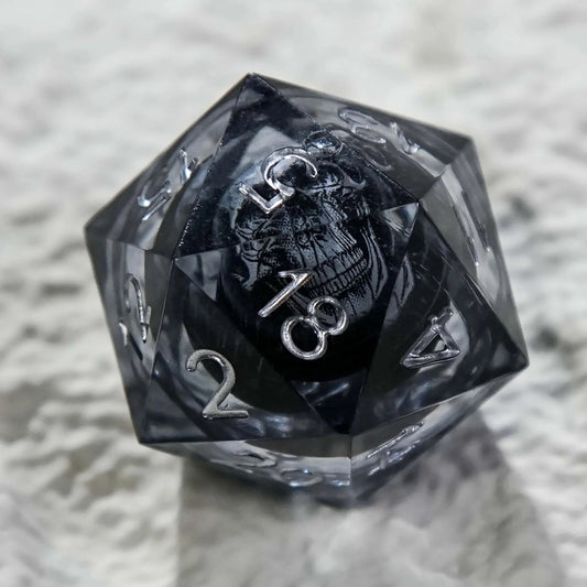 Dark Sorcerer's Skull Dice Set - Liquid-Core Resin RPG Dice with Silver Numbers