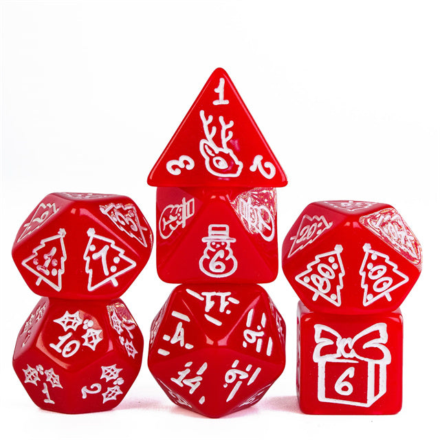 Red Christmas Dice – Holiday Festive RPG Dice Set with White Holiday Designs