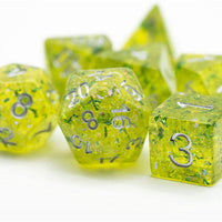 Green Cloud Brocade Powder 7-Dice Dnd Dice | Glitter w/Silver Numbers Set