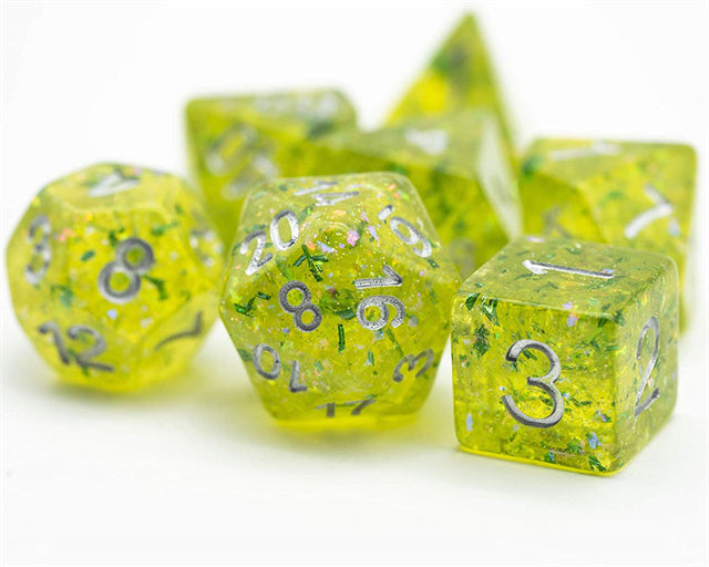 Green Cloud Brocade Powder 7-Dice Dnd Dice | Glitter w/Silver Numbers Set