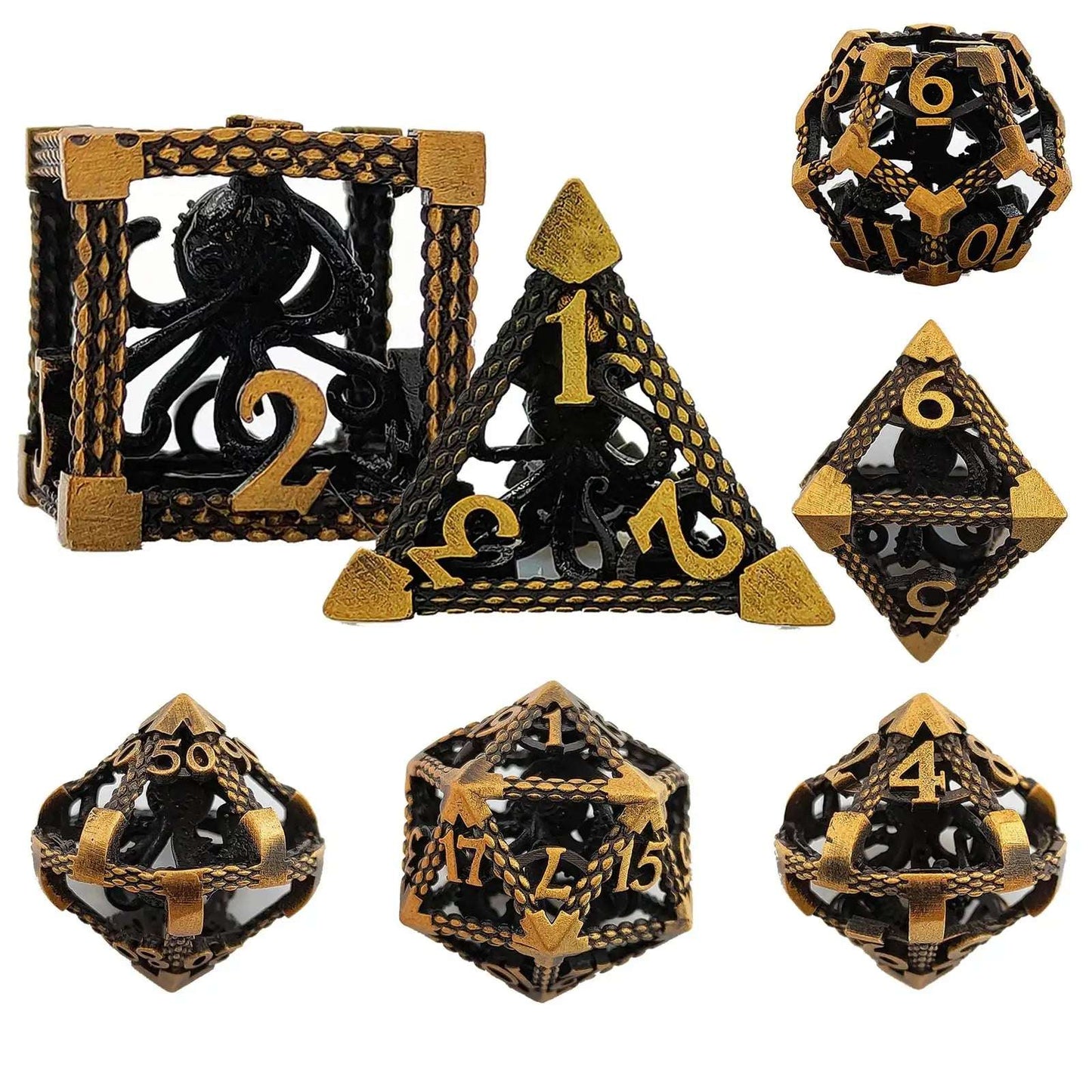 Deep Sea Monster - Gold 3D Octopus Hollow Metal RPG Dice Set