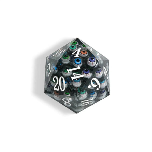 Devil's Eye - 80 mm  Liquid Core Resin Extra Large D20 Dice + White Numbers