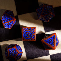 Burnt Orange with Blue Irregular Pattern Fill: 7-Piece Acrylic Dice Set