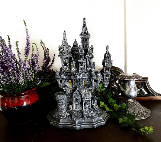 Castle Dracula, Gothic Hand Painted Resin Sculpture with LED Tea Light |Vampire Lair Gothic Statue |Gift for Gamers and Spooky Home Decor