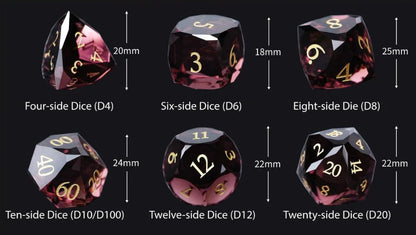 DND Dice - Engraved Gold Numbered Ruby Multi-Sided Dice Set