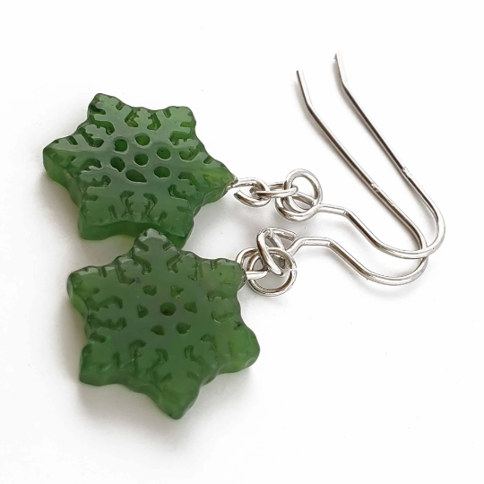 Jade Snowflake Earrings — 15mm Canadian Nephrite Jade in Sterling Silver