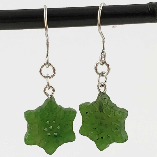 Jade Snowflake Earrings — 15mm Canadian Nephrite Jade in Sterling Silver