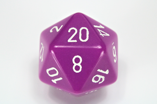 34mm (L) Single d20 Opaque Polyhedral Light Purple/white d20 (Sold per die)