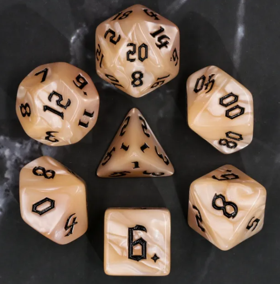 Beige Pearl 7-Dice Set Cream Marble w/Black Dnd Dice Acrylic