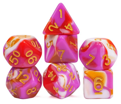 Pink/Red/White\Orange  Blend Dice 7-Dice Set w/Gold Dnd Dice Acrylic