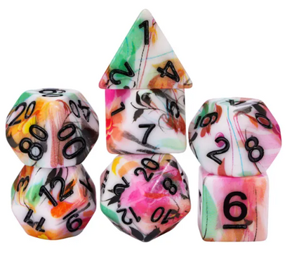 White Multi-Colour Mix Pattern Dice 7-Dice Set w/Black Dnd Dice Resin